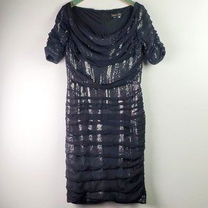 Tadashi Shoji Black Ruched Silk Layered Sequin Coc